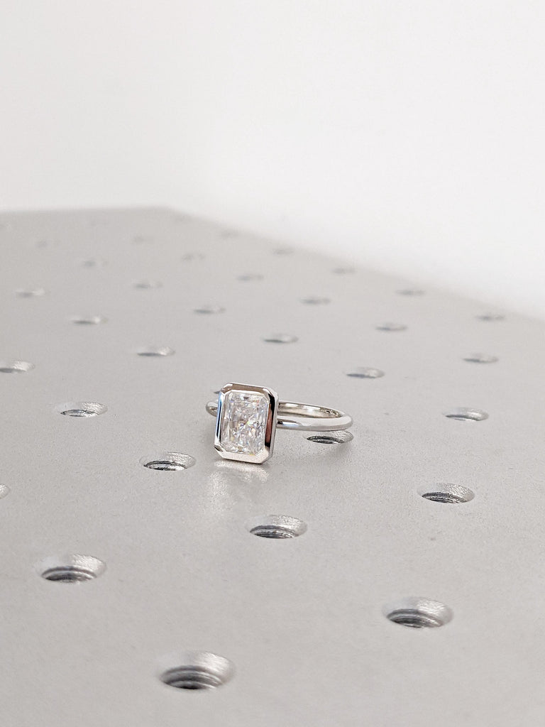 Radiant Cut Moissanite Engagement Ring | Dainty 14K White Gold Slim Wedding Band | Bezel Setting Statement Ring | Minimalist Solitaire Ring