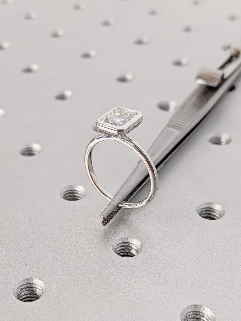 Radiant Cut Moissanite Engagement Ring | Dainty 14K White Gold Slim Wedding Band | Bezel Setting Statement Ring | Minimalist Solitaire Ring