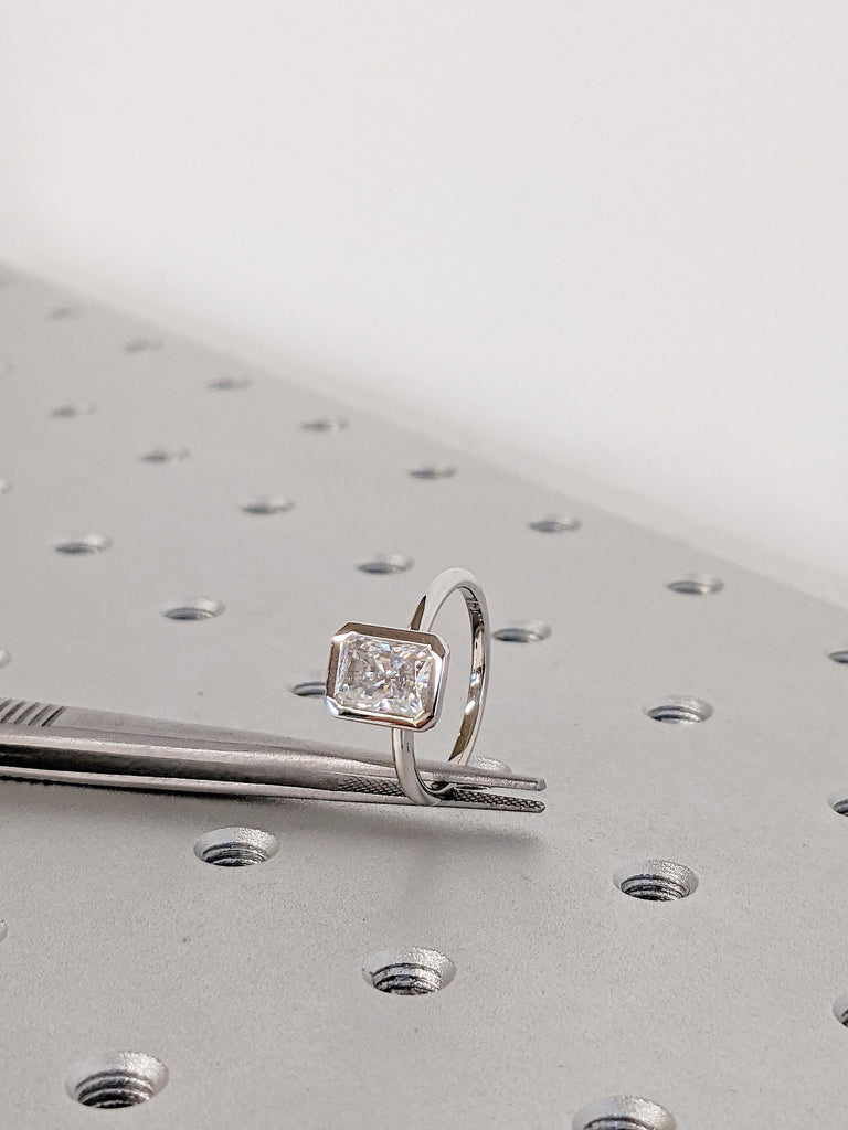 Radiant Cut Moissanite Engagement Ring | Dainty 14K White Gold Slim Wedding Band | Bezel Setting Statement Ring | Minimalist Solitaire Ring