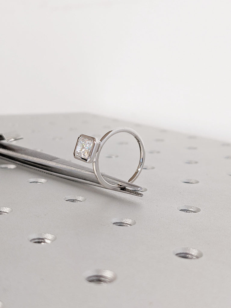 Radiant Cut Moissanite Engagement Ring: 14K White Gold, Bezel Set Slim Wedding Band