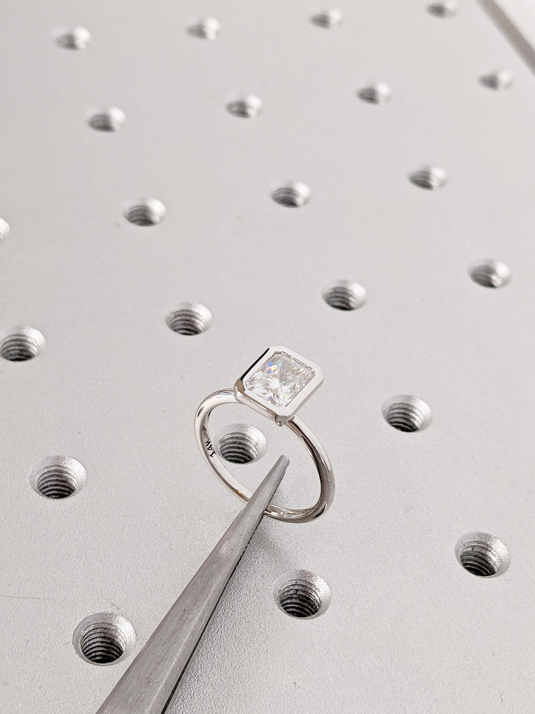 Radiant Cut Moissanite Engagement Ring | Dainty 14K White Gold Slim Wedding Band | Bezel Setting Statement Ring | Minimalist Solitaire Ring