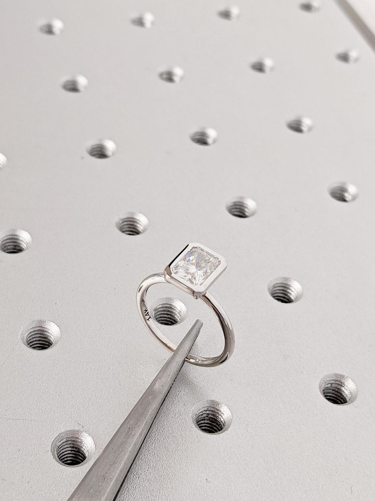 Lab Grown Diamond Engagement Ring: 14K White Gold Bezel Set Solitaire Band