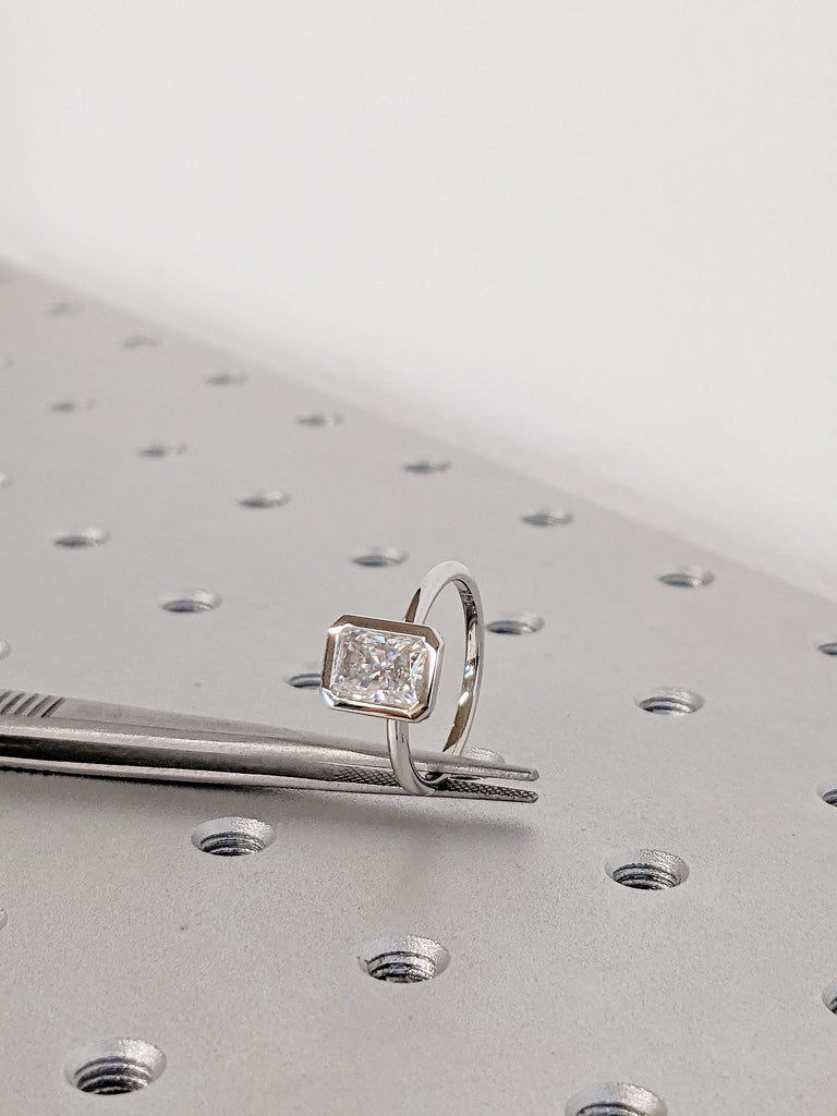 Unique Lab Grown Diamond Ring | 14K White Gold Solitaire Engagement Ring | Vintage Bezel Set Wedding Ring | Diamond Promise Ring For Her