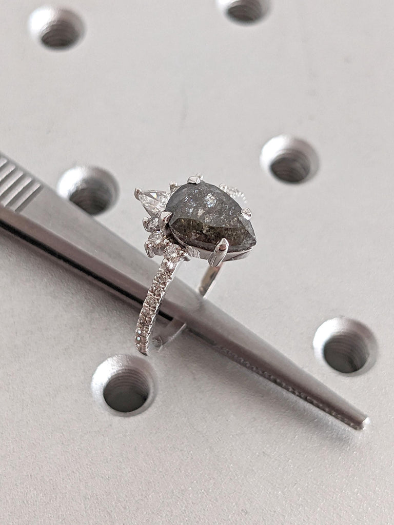 Unique Crown Halo Diamond Engagement Ring for Her | 18k White Gold Dainty Wedding Ring
