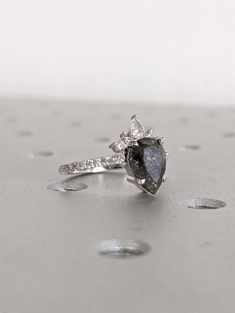 Natural Grey Diamond Engagement Ring | 18k White Gold Unique Crown Shape Halo Diamond Ring | Pear cut Salt and Pepper Diamond Promise Ring