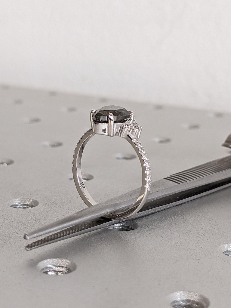 Natural Grey Diamond Engagement Ring | 18k White Gold Unique Crown Shape Halo Diamond Ring | Pear cut Salt and Pepper Diamond Promise Ring