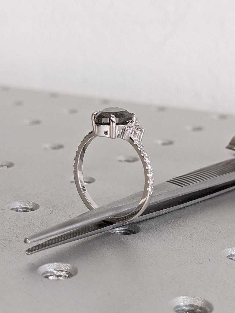 Solid Gold Pear cut Engagement Ring | 1, 1.5, 2ct Salt and Pepper Diamond Wedding Anniversary Ring | Half Eternity Band