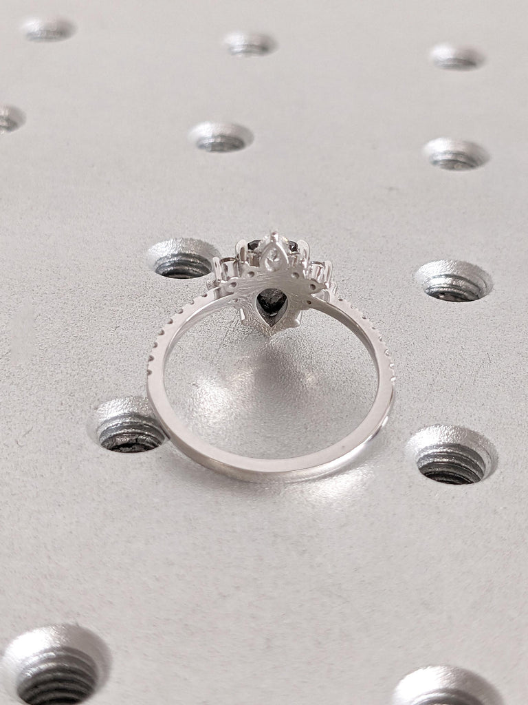 Natural Grey Diamond Engagement Ring | 18k White Gold Unique Crown Shape Halo Diamond Ring | Pear cut Salt and Pepper Diamond Promise Ring