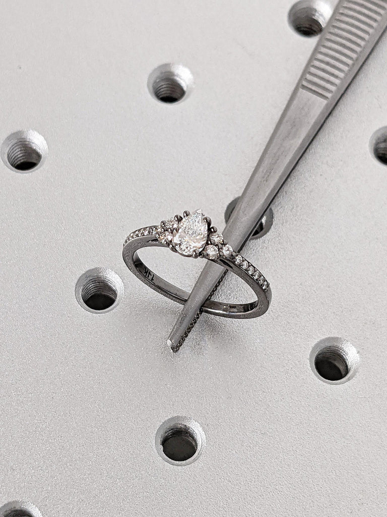 Pear Cut Moissanite Custom Engagement Ring, 14K Black Gold Cluster Round Pavé Diamond Wedding Band, Bridal Jewelry