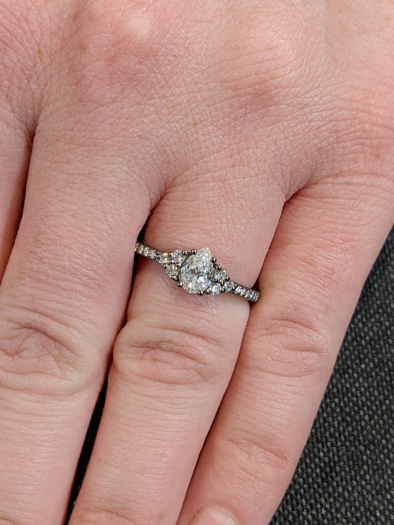 Pear Cut Moissanite Custom Engagement Ring, 14K Black Gold Cluster Round Pavé Diamond Wedding Band, Bridal Jewelry