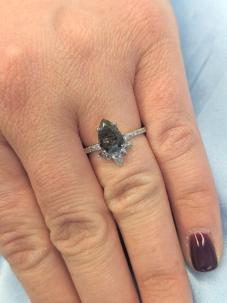 Solid Gold Pear cut Engagement Ring | 1, 1.5, 2ct Salt and Pepper Diamond Wedding Anniversary Ring | Half Eternity Band