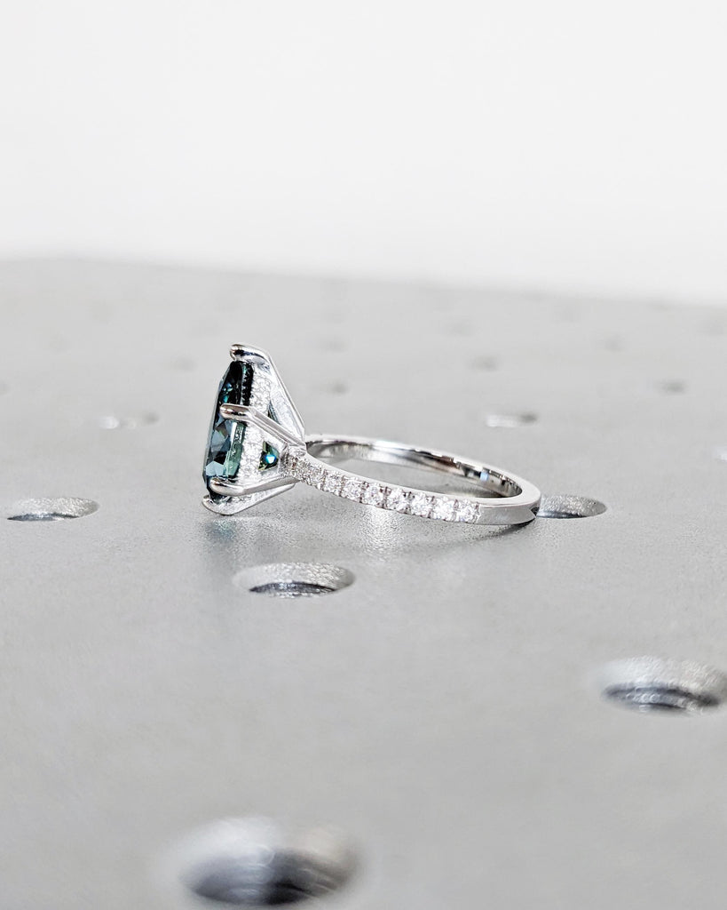 Vintage Pear Cut Blue Green Moissanite Engagement Ring, Diamond Hidden Halo Ring, Half Eternity Pave Band, 14K White Gold