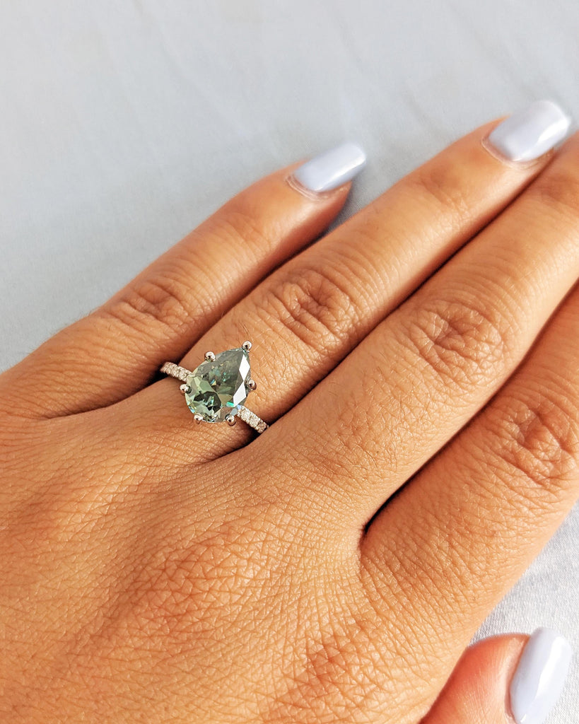 Vintage Pear Cut Blue Green Moissanite Engagement Ring, Diamond Hidden Halo Ring, Half Eternity Pave Band, 14K White Gold