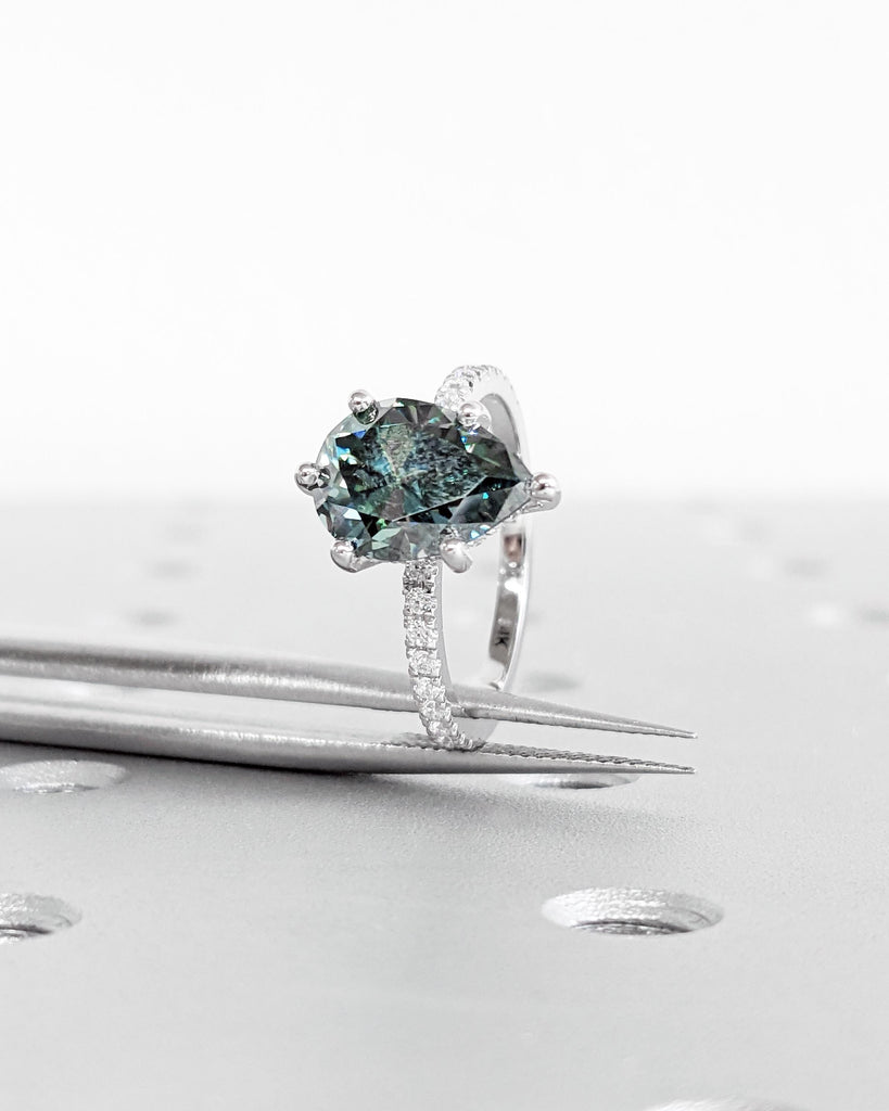 Vintage Pear Cut Blue Green Moissanite Engagement Ring, Diamond Hidden Halo Ring, Half Eternity Pave Band, 14K White Gold