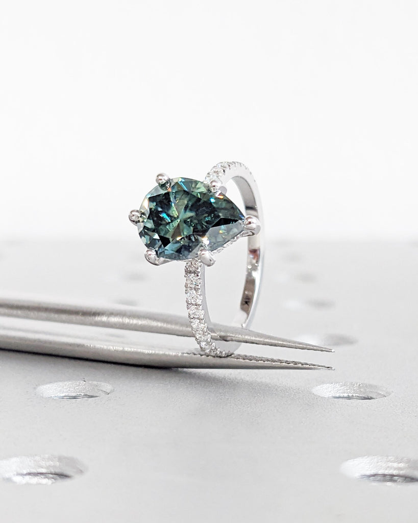 Vintage Pear Cut Blue Green Moissanite Engagement Ring, Diamond Hidden Halo Ring, Half Eternity Pave Band, 14K White Gold