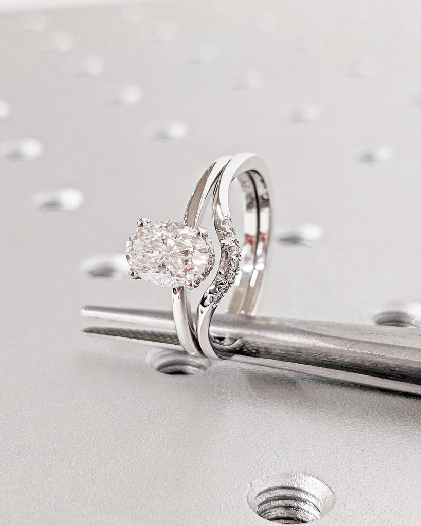 Moissanite Oval Engagement Ring Set, Moissanite Bridal Set, Diamond Hidden Halo Wedding Ring Set, Matching Rings, White Gold Promise Rings