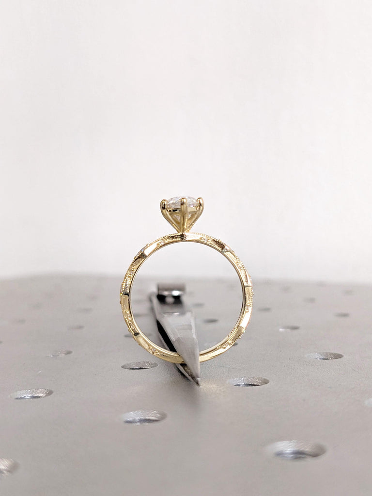 14K Yellow Gold Marquise Moissanite Engagement Ring, Art Deco Milgrain Wedding Band