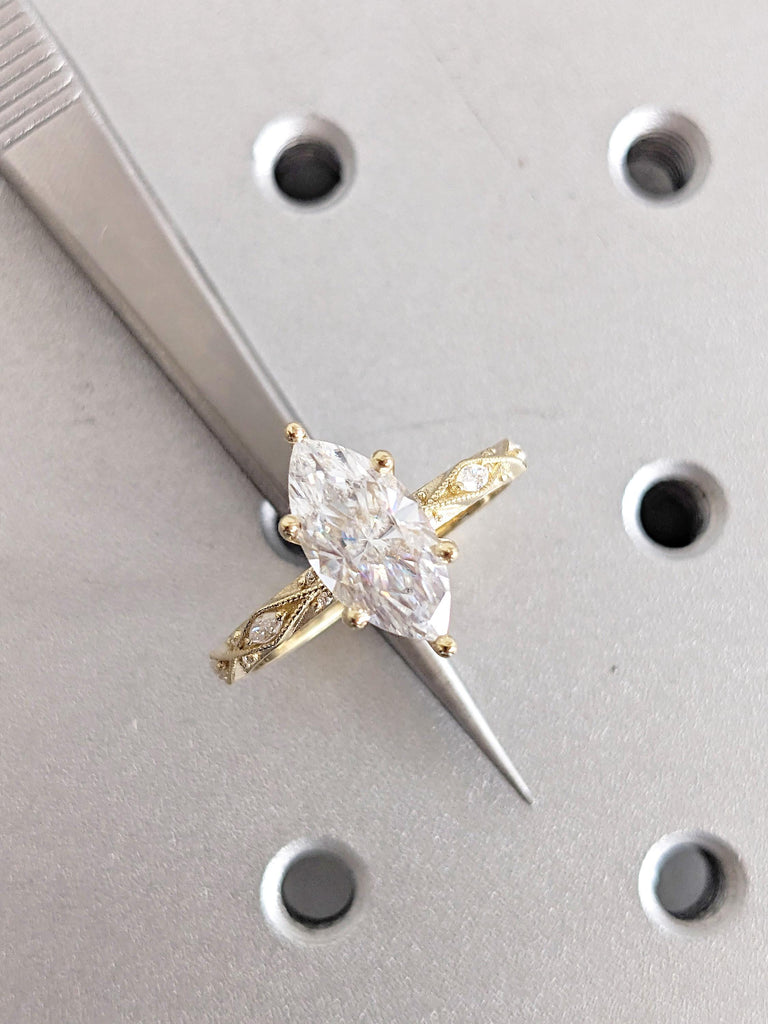 Unique Moissanite Engagement Ring, 14K Solid Yellow Gold Art Deco Marquise Ring, Milgrain Ring For Women, Wedding Ring For Her, Fine Jewelry