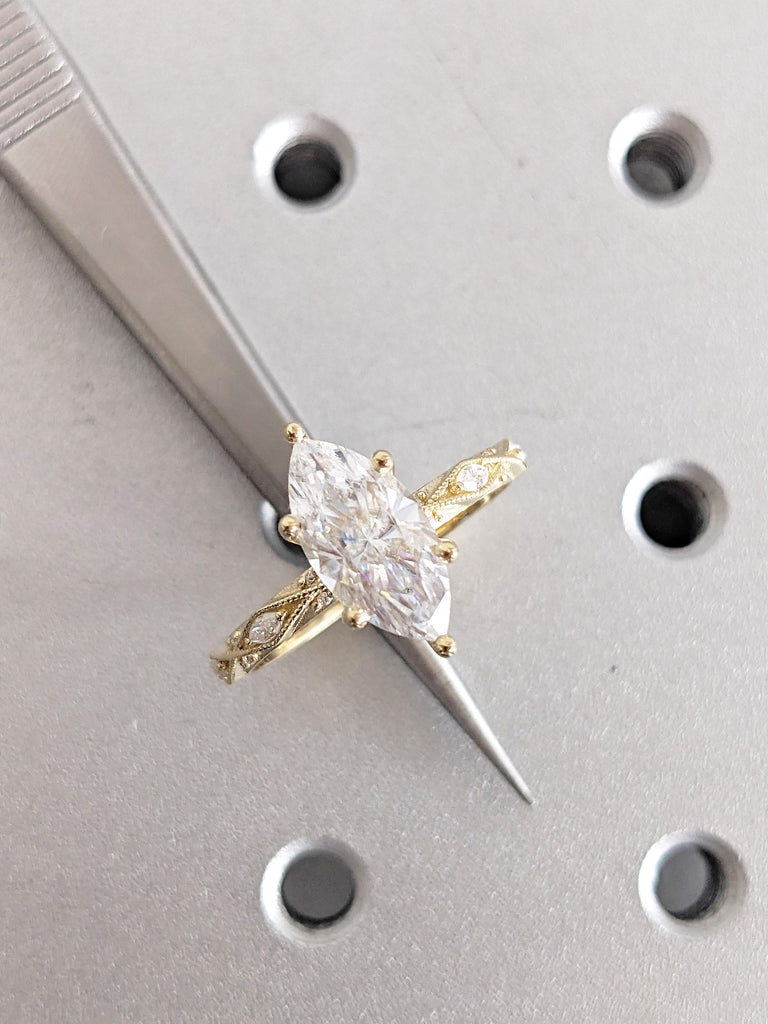 14K Yellow Gold Marquise Moissanite Engagement Ring, Art Deco Milgrain Wedding Band