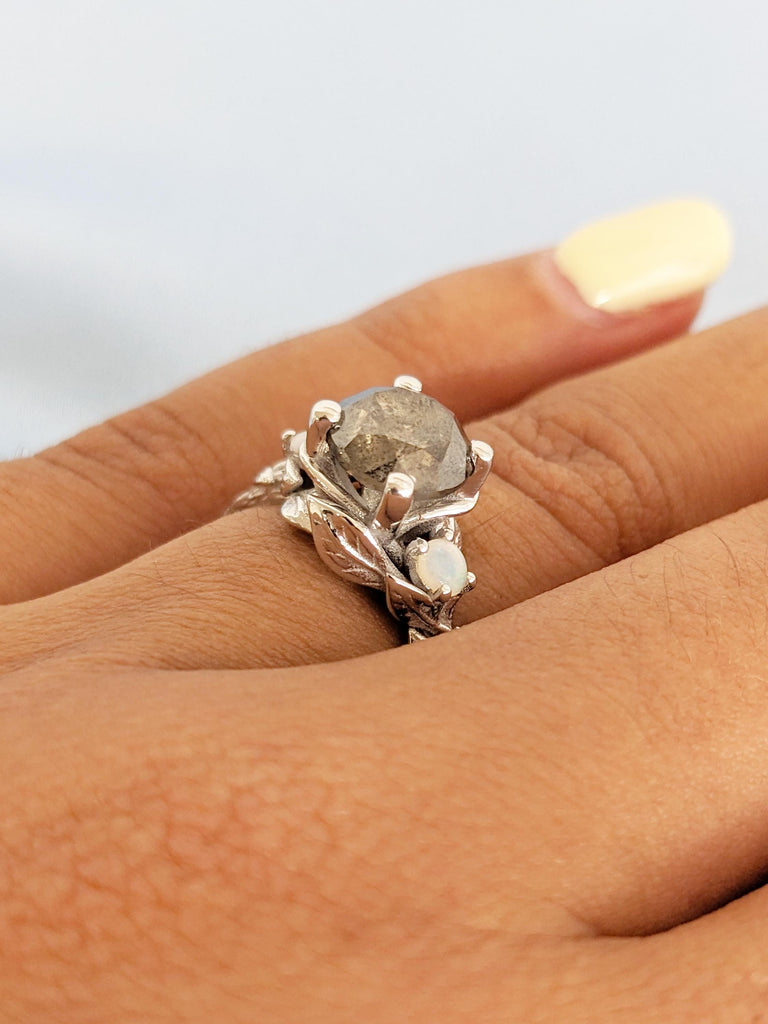 Round Salt and Pepper Diamond Ring, 14k White Gold Engagement Ring, Leaf Ring, Diamond, Natural Opal Ring