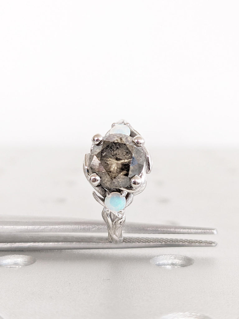 Round Salt and Pepper Diamond Ring, 14k White Gold Engagement Ring, Leaf Ring, Diamond, Natural Opal Ring