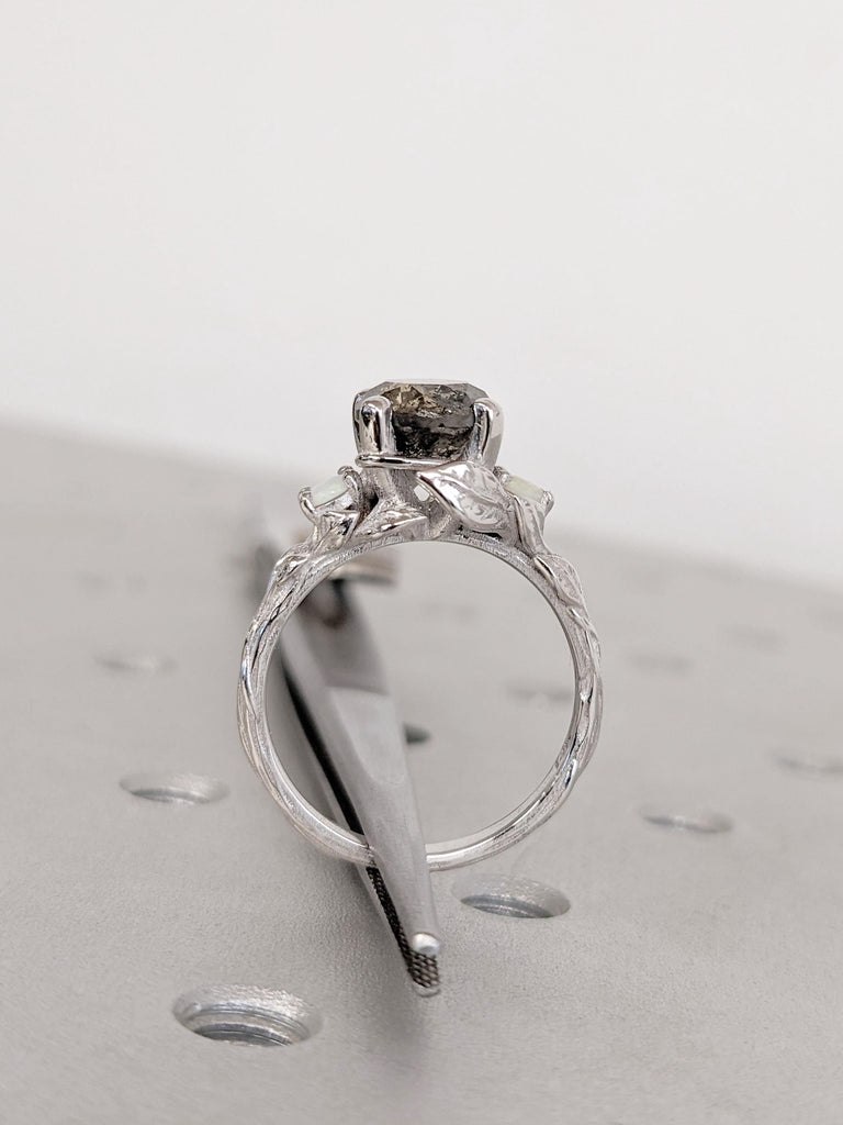 Round Salt and Pepper Diamond Ring, 14k White Gold Engagement Ring, Leaf Ring, Diamond, Natural Opal Ring