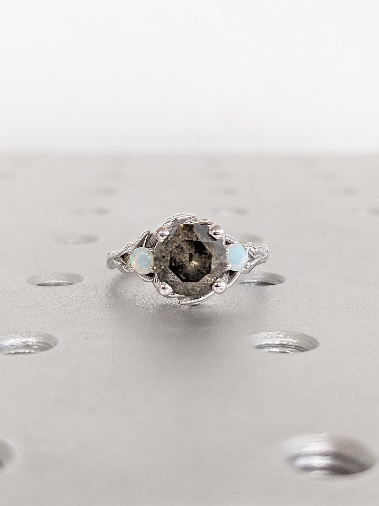 Round Salt and Pepper Diamond Ring, 14k White Gold Engagement Ring, Leaf Ring, Diamond, Natural Opal Ring