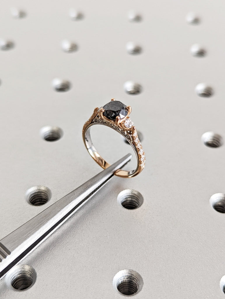 Unique Salt and Pepper Diamond Engagement Ring | Two Tone Half Eternity Promise Ring | 14k White/Rose Gold Vintage Filigree Ring for Her