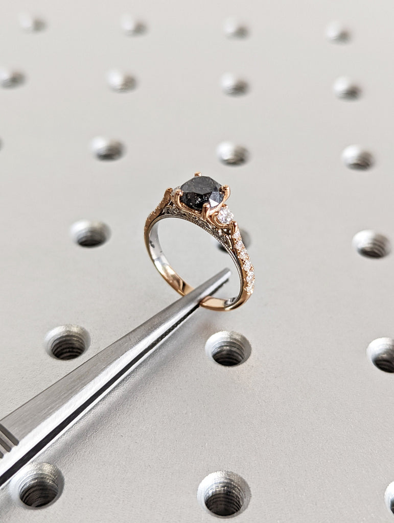 Unique Salt and Pepper Diamond Engagement Ring | Two Tone Half Eternity Promise Ring | 14k White/Rose Gold Vintage Filigree Ring for Her