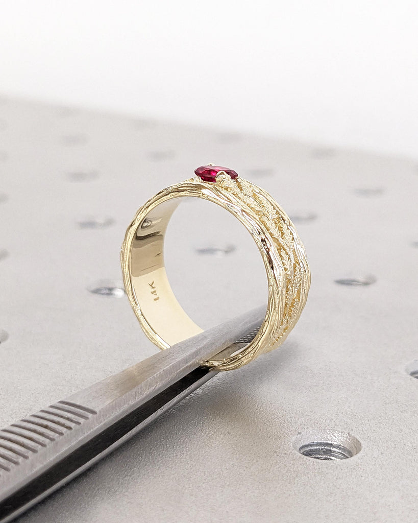 Art Deco Ring for Men | Vintage 14k Gold Gemstone Ring | Oval Lab Ruby Mens Wedding Ring | Leaf Engraved Ring | Unique Birthday Gift for Dad