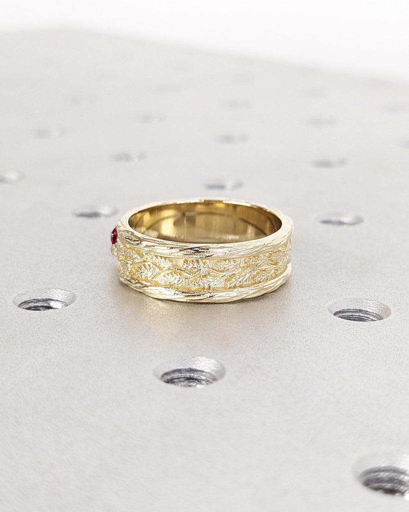 Art Deco Ring for Men | Vintage 14k Gold Gemstone Ring | Oval Lab Ruby Mens Wedding Ring | Leaf Engraved Ring | Unique Birthday Gift for Dad