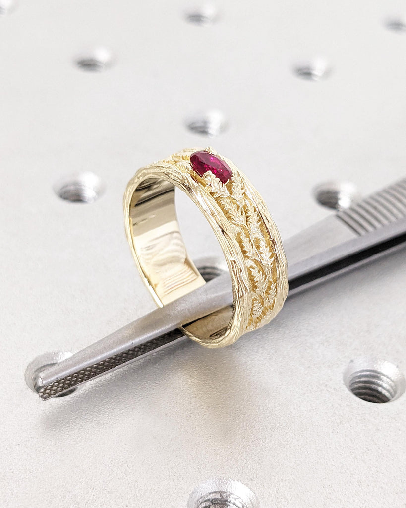 Art Deco Ring for Men | Vintage 14k Gold Gemstone Ring | Oval Lab Ruby Mens Wedding Ring | Leaf Engraved Ring | Unique Birthday Gift for Dad
