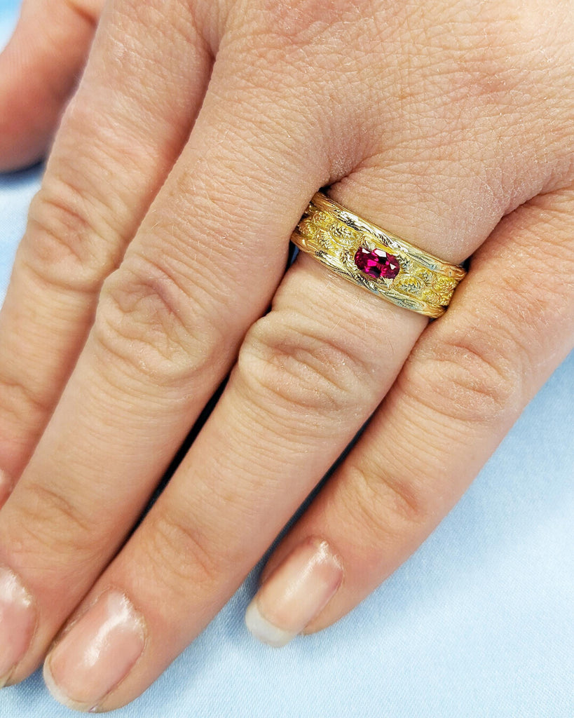 Art Deco Ring for Men | Vintage 14k Gold Gemstone Ring | Oval Lab Ruby Mens Wedding Ring | Leaf Engraved Ring | Unique Birthday Gift for Dad