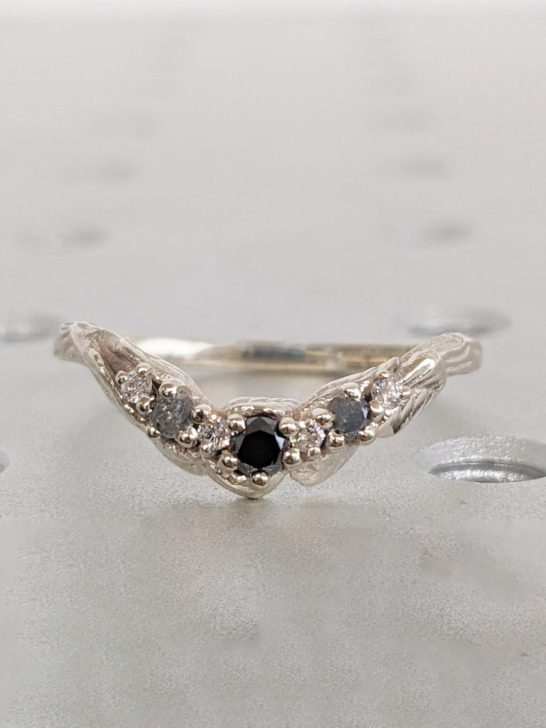 Curved Wedding Band, 14k White Gold Nature Inspired Ring, Black Diamond, Salt and Pepper Diamond Ring, Matching Ring, Stackable Ring for Her