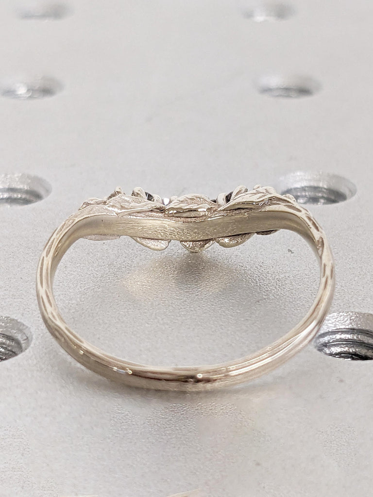 Curved Wedding Band, 14k White Gold Nature Inspired Ring, Black Diamond, Salt and Pepper Diamond Ring, Matching Ring, Stackable Ring for Her