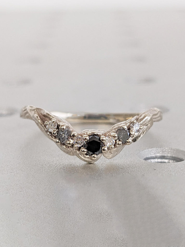 Curved Wedding Band, 14k White Gold Nature Inspired Ring, Black Diamond, Salt and Pepper Diamond Ring, Matching Ring, Stackable Ring for Her