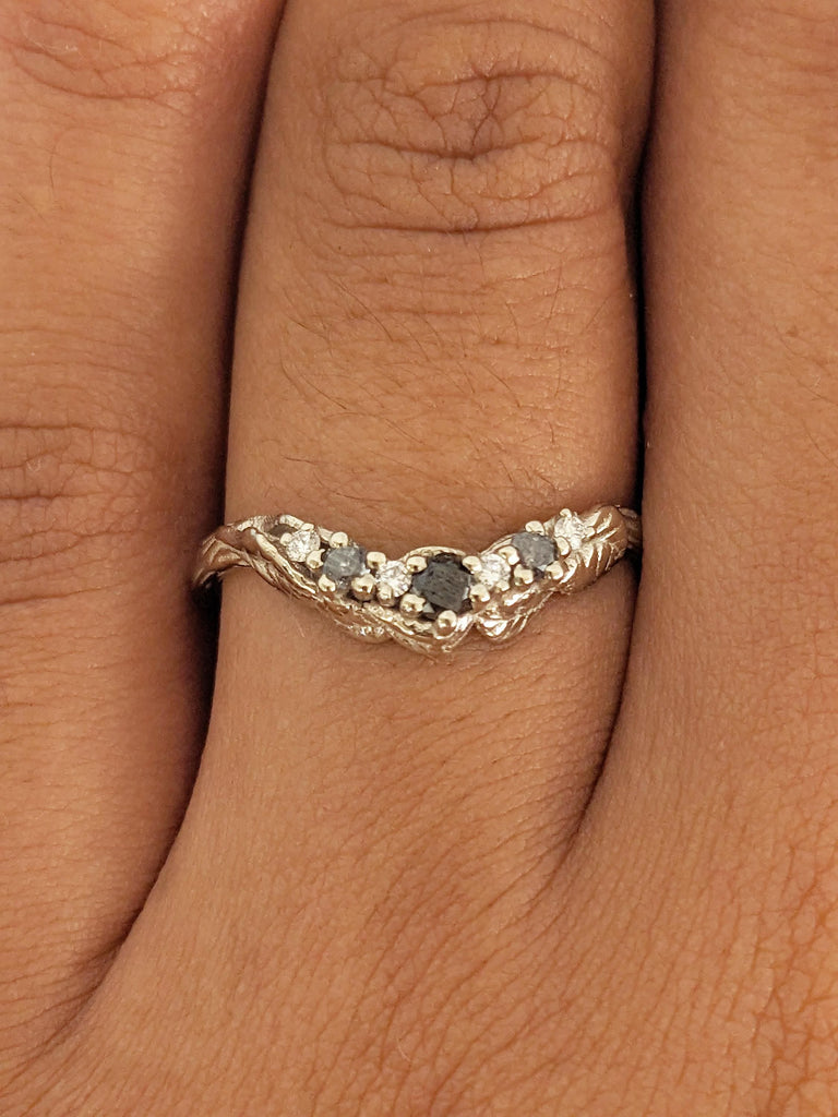 Curved Wedding Band, 14k White Gold Nature Inspired Ring, Black Diamond, Salt and Pepper Diamond Ring, Matching Ring, Stackable Ring for Her
