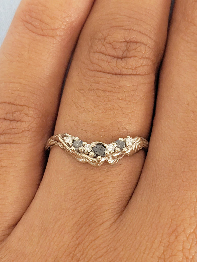 Curved Wedding Band, 14k White Gold Nature Inspired Ring, Black Diamond, Salt and Pepper Diamond Ring, Matching Ring, Stackable Ring for Her