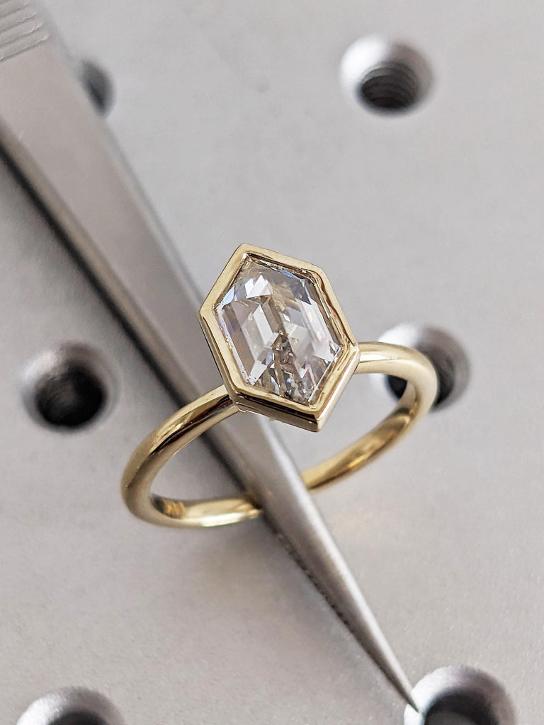 Hexagon Cut Moissanite Solitaire Ring, 14K Yellow Gold Bezel Setting Wedding Band, Women’s Engagement Anniversary Ring