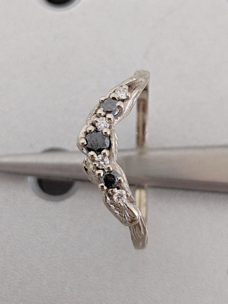 Curved Wedding Band, 14k White Gold Nature Inspired Ring, Black Diamond, Salt and Pepper Diamond Ring, Matching Ring, Stackable Ring for Her