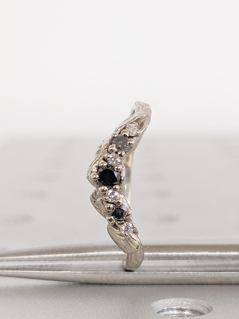 Curved Wedding Band, 14k White Gold Nature Inspired Ring, Black Diamond