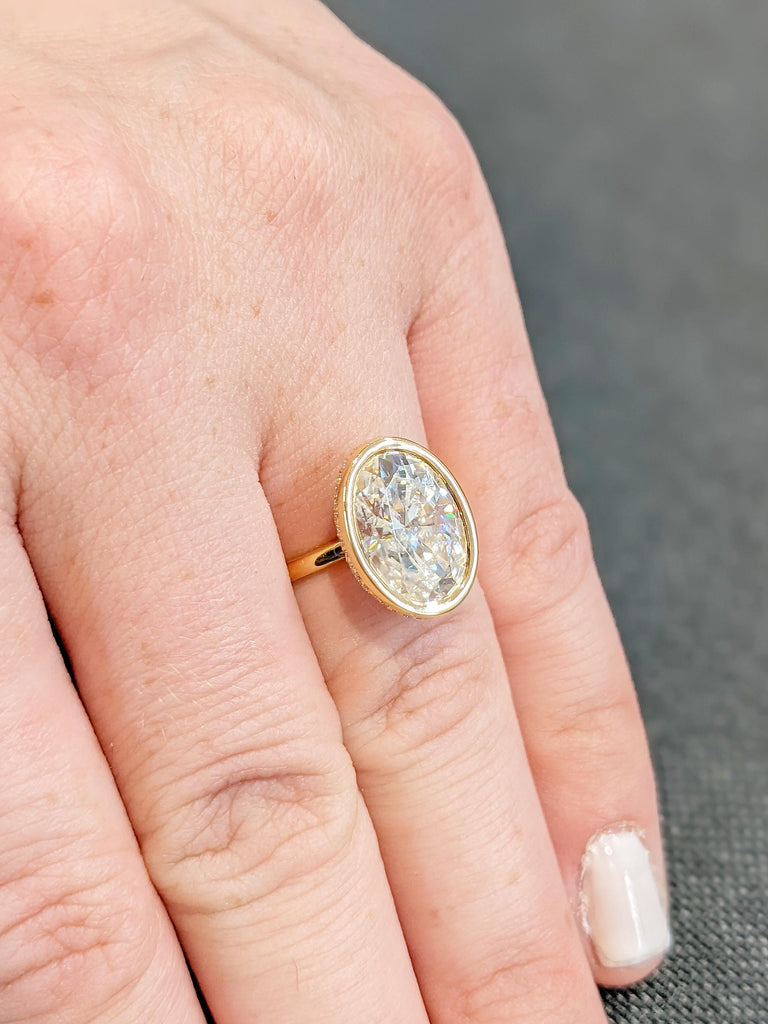Oval Cut Moissanite Engagement Ring | 18K Yellow Gold Dainty Hidden Halo Wedding Ring | Bezel Set Art Deco Solitaire Moissanite Ring for Her