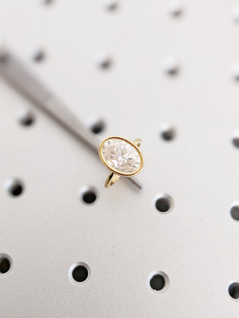 Modern Lab Grown Diamond Solitaire Engagement Ring, Oval Cut Lab Diamond Wedding Band in 18K Yellow Gold, Bezel Set Hidden Halo Bridal Ring