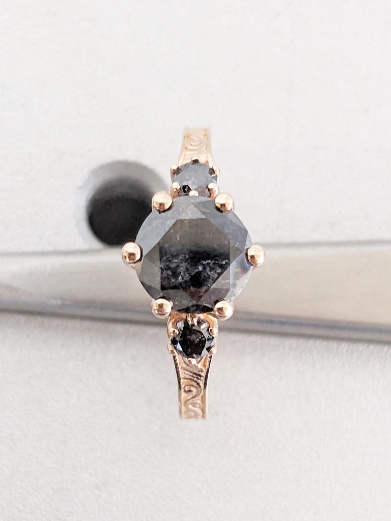 Round Salt and Pepper Diamond Ring, 14k Rose Gold Engagement Ring, 3 Stone Filigree Ring