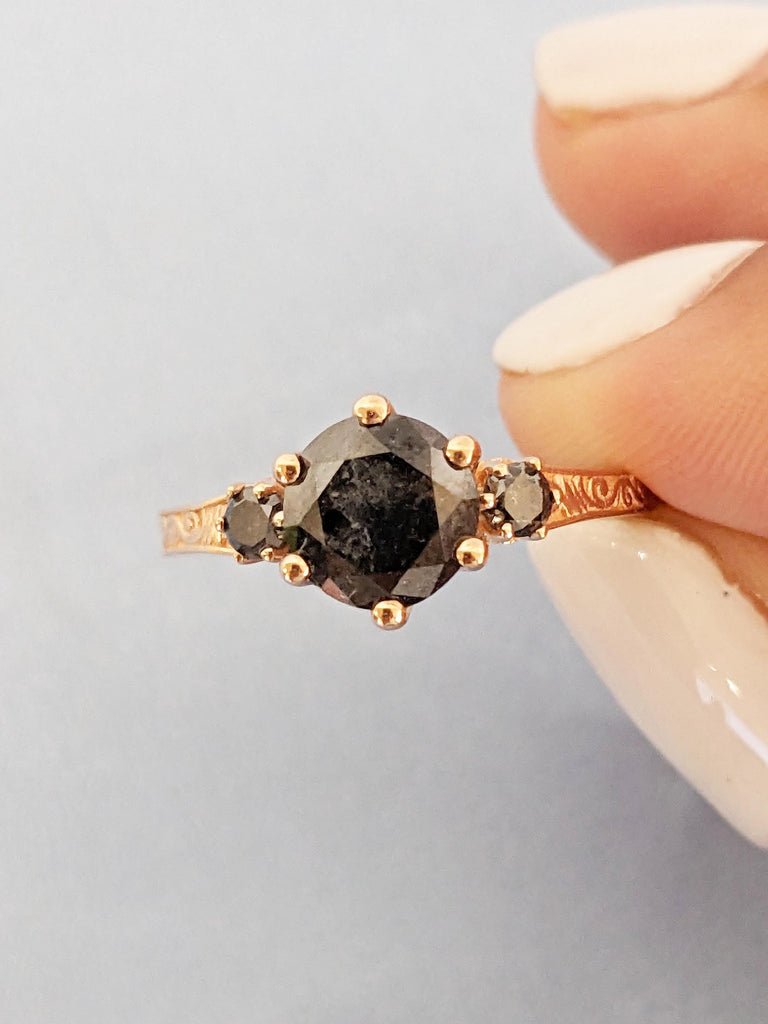 Round Salt and Pepper Diamond Ring, 3 Stone Filigree Ring