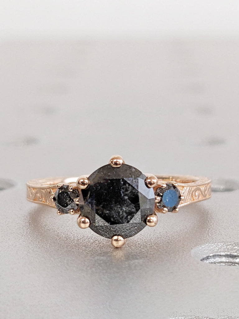 Round Salt and Pepper Diamond Ring, 14k Rose Gold Engagement Ring, 3 Stone Filigree Ring