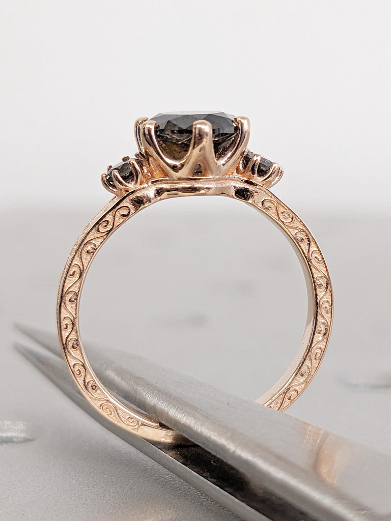 Round Salt and Pepper Diamond Ring, 14k Rose Gold Engagement Ring, 3 Stone Filigree Ring