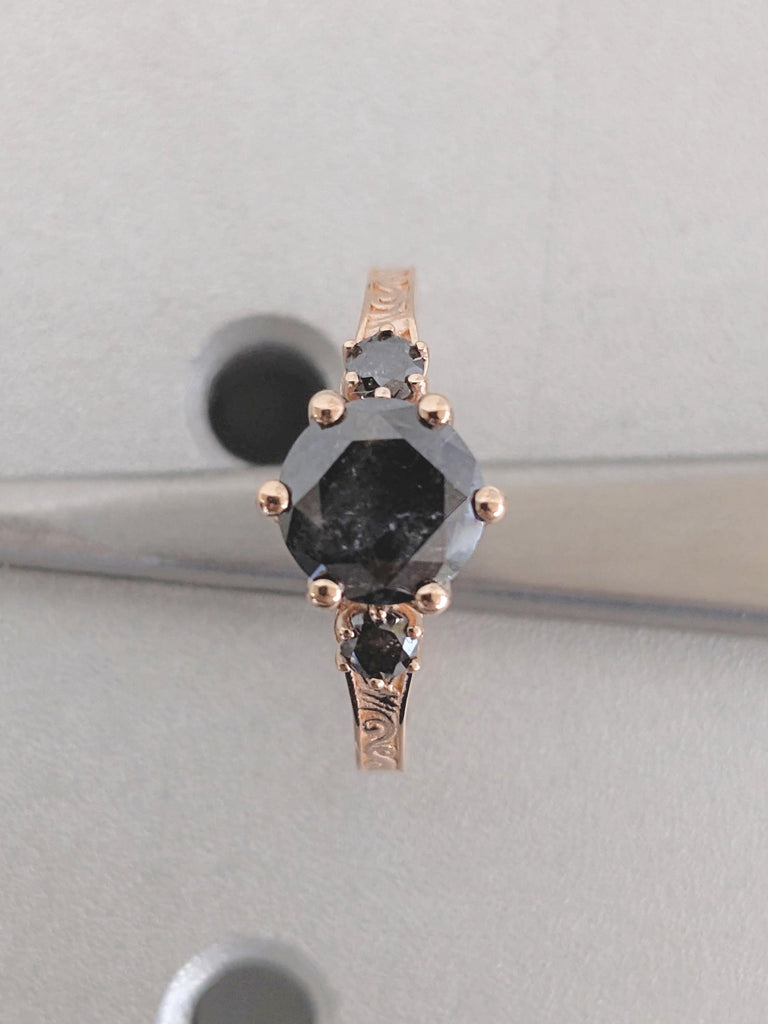 14k Rose Gold Engagement Ring, Three Stone Filigree Ring