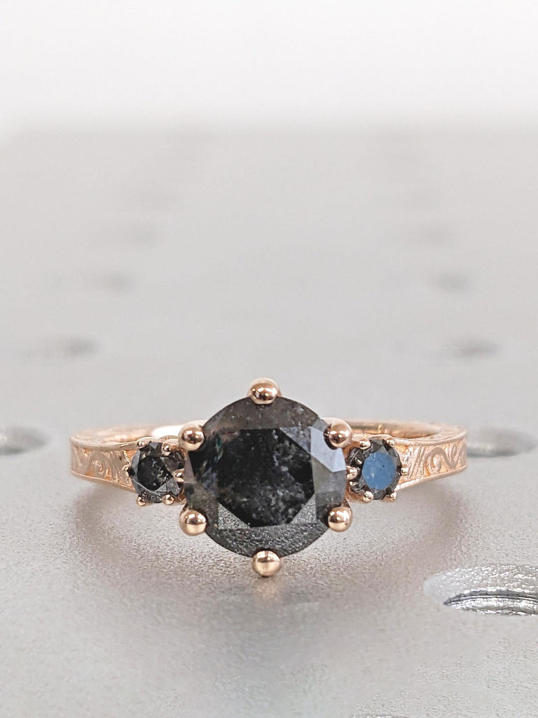 Round Salt and Pepper Diamond Ring, 14k Rose Gold Engagement Ring, 3 Stone Filigree Ring