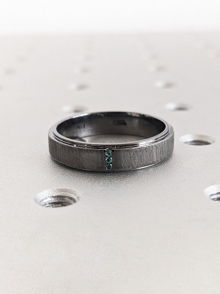 Emerald Wedding Band For Him | Brushed 14k Black Gold Emerald Band | Stepped Edge Ring | Green Emerald Ring | May Birthstone Jewellery Gift